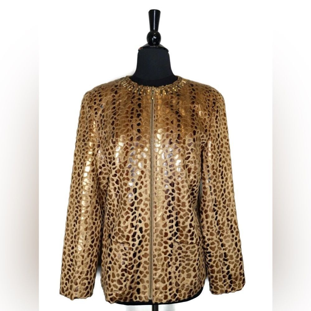 Alfred Dunner Brown Animal Print Beaded Zip Jacket